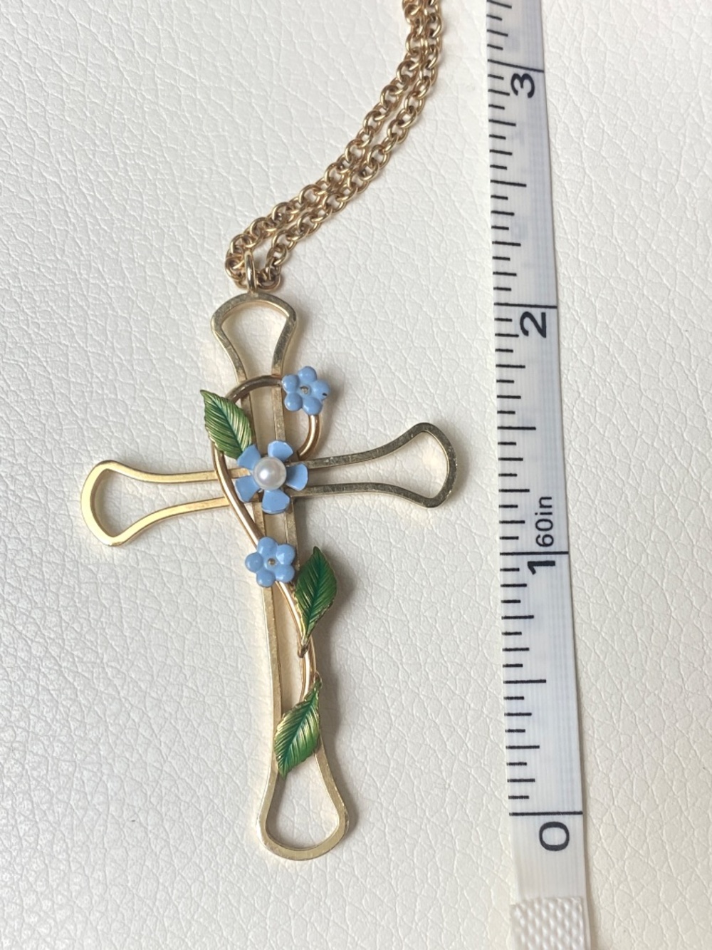 Vintage Krementz Forget Me Not Enamel Cross Necklace Genuine Pearl Box Papers - Picture 5 of 8